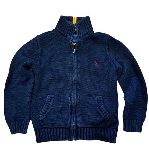 Polo Ralph Lauren Boys Full Zip Knit Navy Blue Cardigan Toddler 5 Collar Stripes - Picture 1 of 6